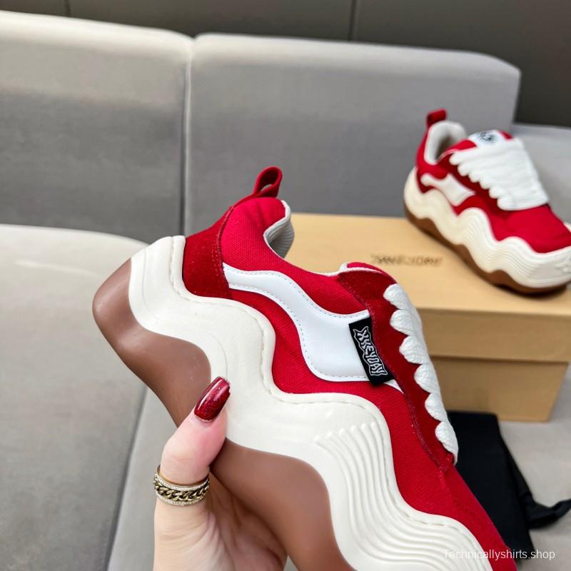 2025 Women HEYDAY Red White Canvas Leather Wave Sneakers