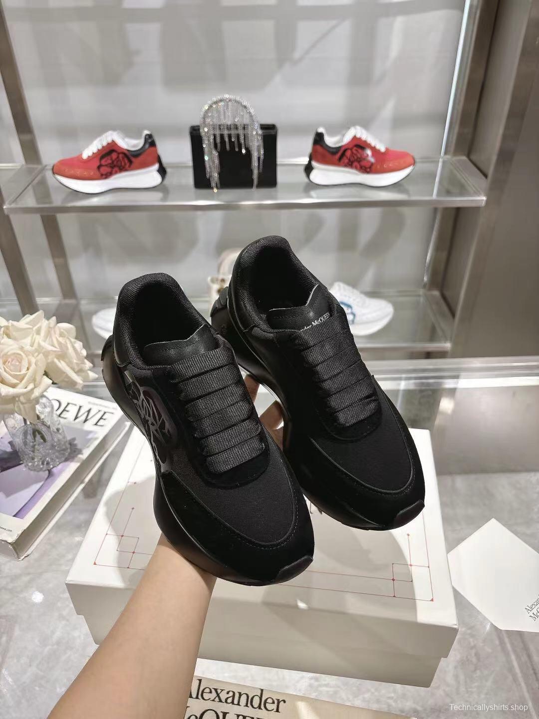 2025 Women Alexander McQueen Black Leather Mesh Sneakers LY00340