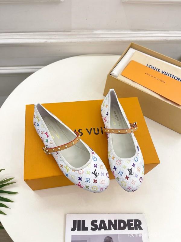 2025 Women Louis Vuitton White Multicolor Canvas Ballet Flat MJ00300
