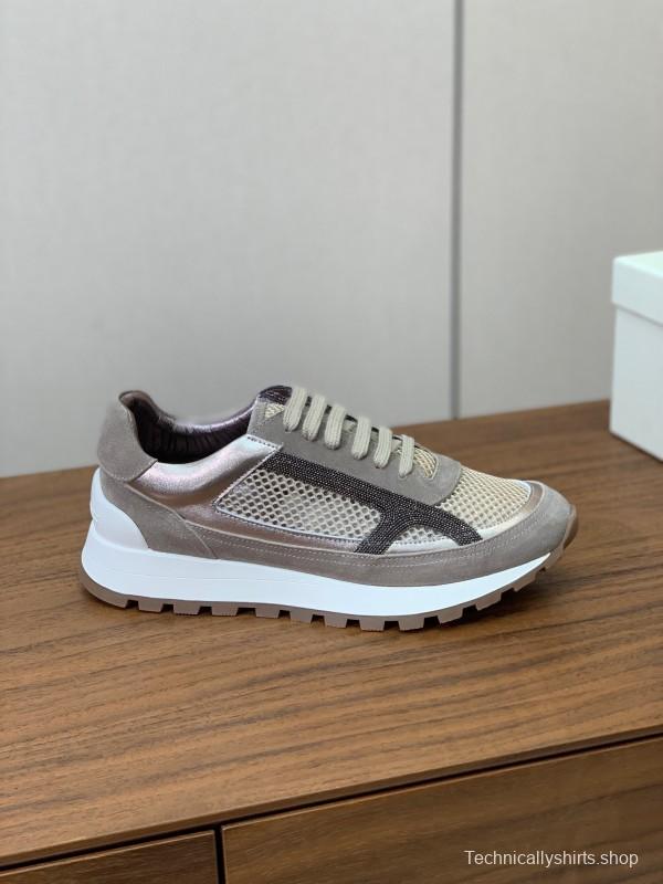 2025 Women Brunello Cucinelli Beige Brown Mesh Leather Sneakers