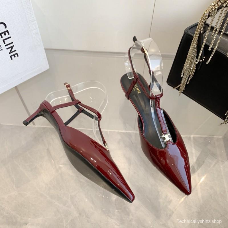 2025 Women Celine Red Patent Leather T-Strap Low Heel