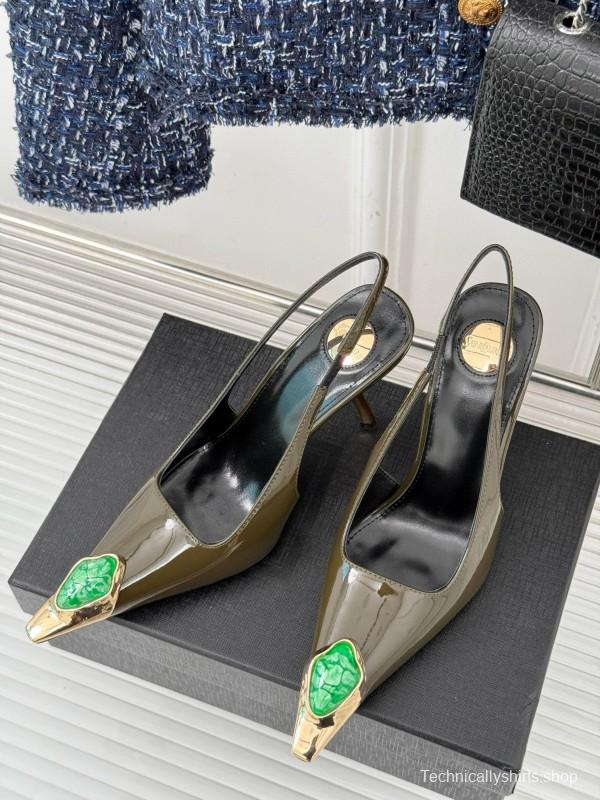 2024 Women Yves Saint Laurent Olive Green Gold Calf Leather Slingback Gemstone High Heels MJ00330