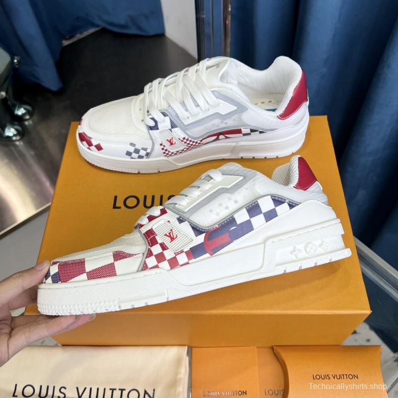 2025 Unisex Louis Vuitton White Red Blue Leather LV Trainer