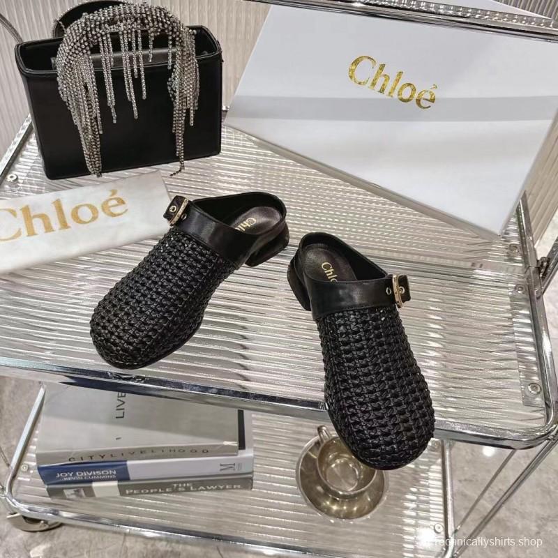2025 Women Chloé Black Leather Woven Slippers