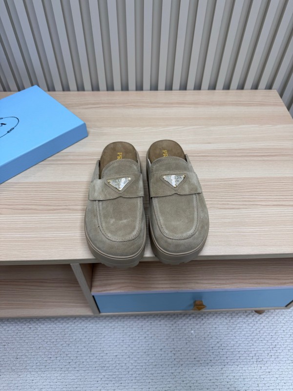 2025 Women Prada Khaki Suede Platform Loafers