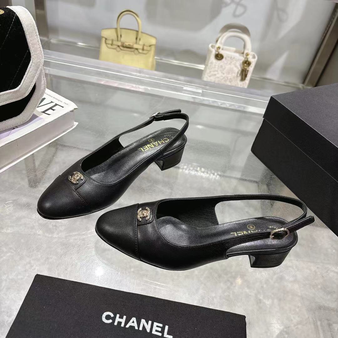 2025 Women Chanel Black Leather Slingback Pumps LY00300