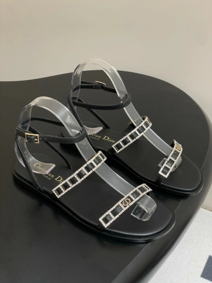 2025 Women Dior Black Crystal Embellished Leather Flat Sandals