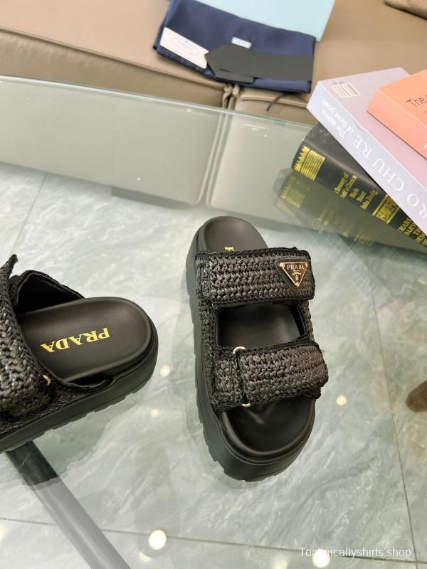 2025 Prada Black Woven Leather Slippers LY00290