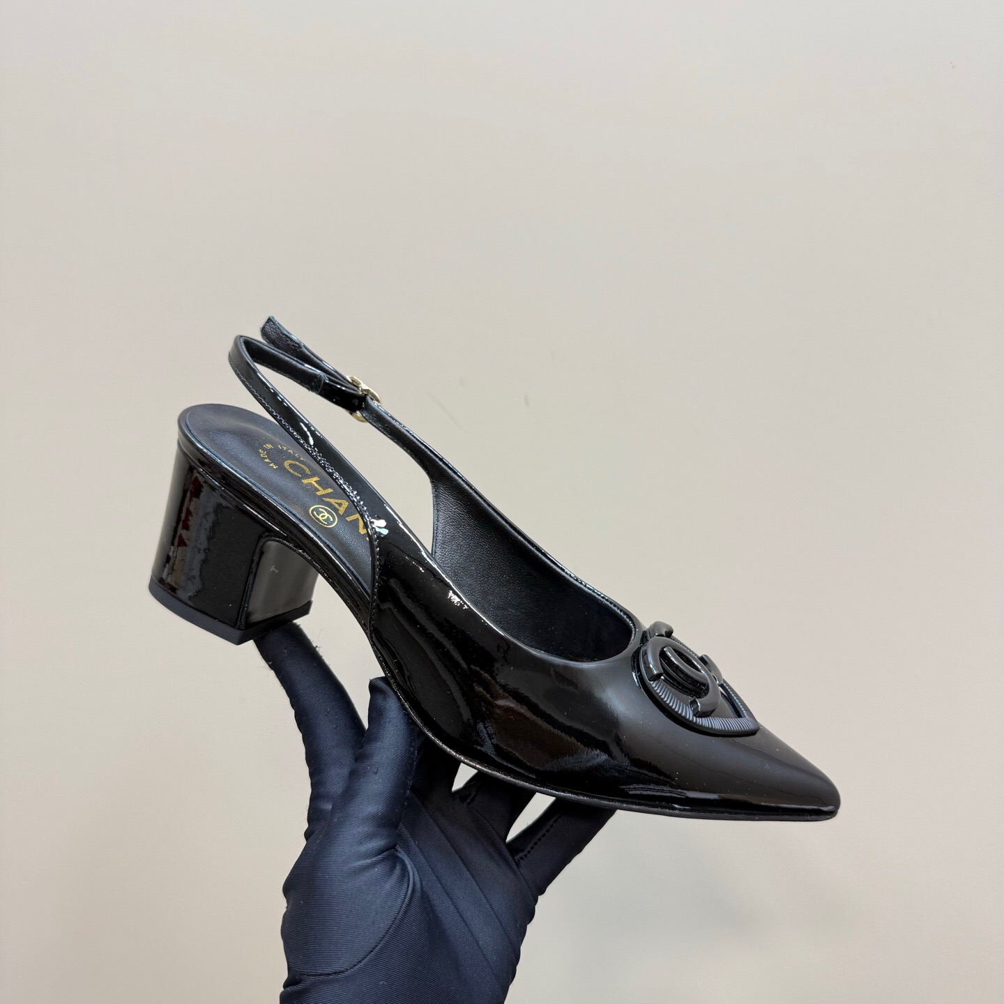 2025 Women Chanel Black Patent Leather Slingback Pumps