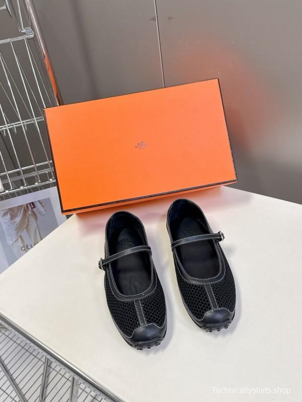 2025 Women Hermès Black Mesh Leather Mary Jane Shoes