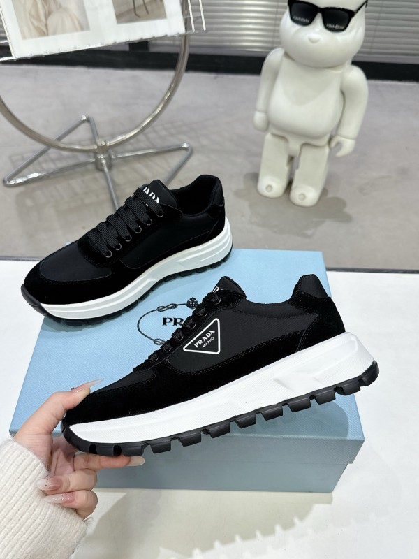 2025 Women Prada Black Leather Mesh Sneakers KFY00310