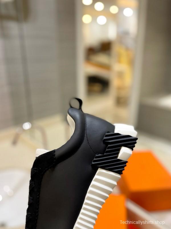 2024 Unisex Hermès Black White Leather Rainproof Fabric Casual Sneakers MJ00320