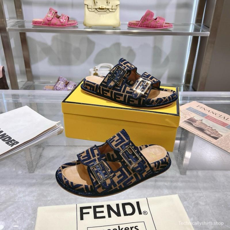2025 Slippers Fendi Blue Brown Jacquard FF Pattern MJ00230