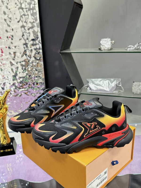 2025 Men Louis Vuitton Black Yellow Orange Mesh Leather Sneakers MJ00420