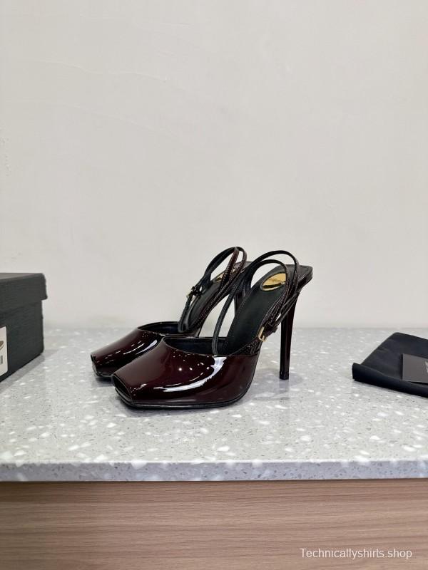 2025 Women Yves Saint Laurent Burgundy Patent Leather Slingback Stiletto Heel