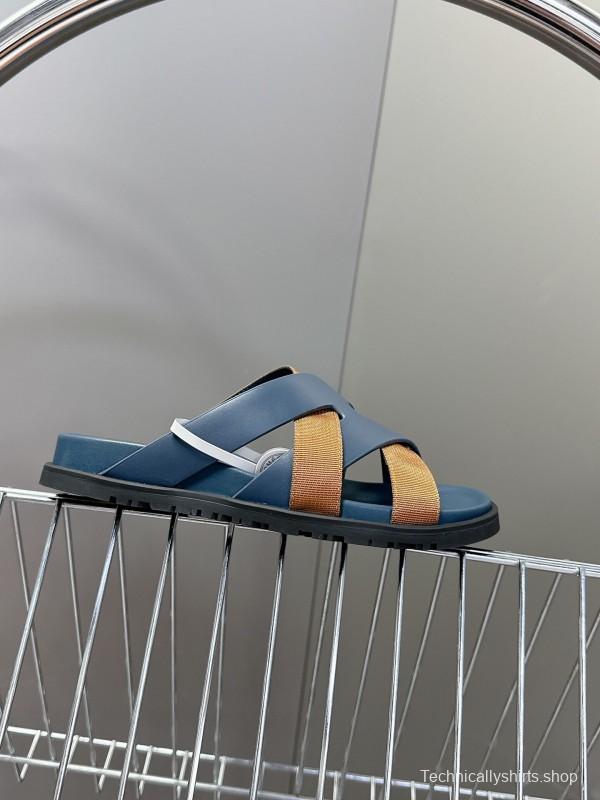 2025 Slippers Hermès Blue Brown Leather Slippers