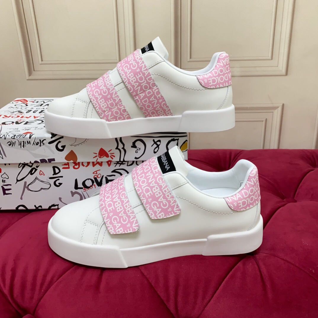 2025 Women Dolce & Gabbana White Pink Leather Sneakers LY00300