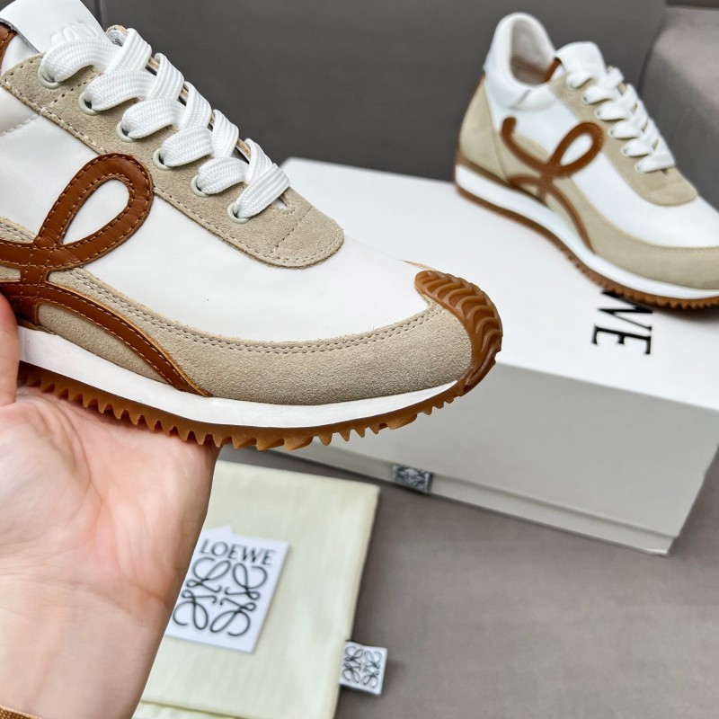 2025 Unisex Loewe White Beige Brown Leather Fabric Sneakers LY00270