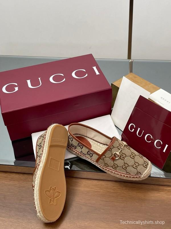2025 Women Gucci Brown Canvas Leather Loafers Horsebit LY00200