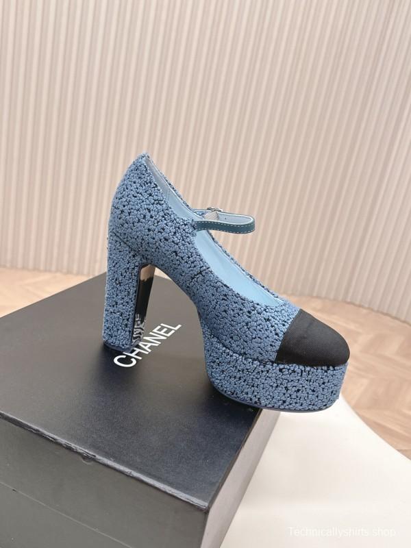 2025 Women Chanel Blue Black Tweed Leather Platform Pumps KFY00330