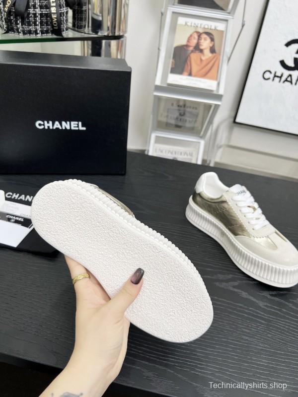 2025 Women Chanel White Gold Leather Suede Sneakers LY00270