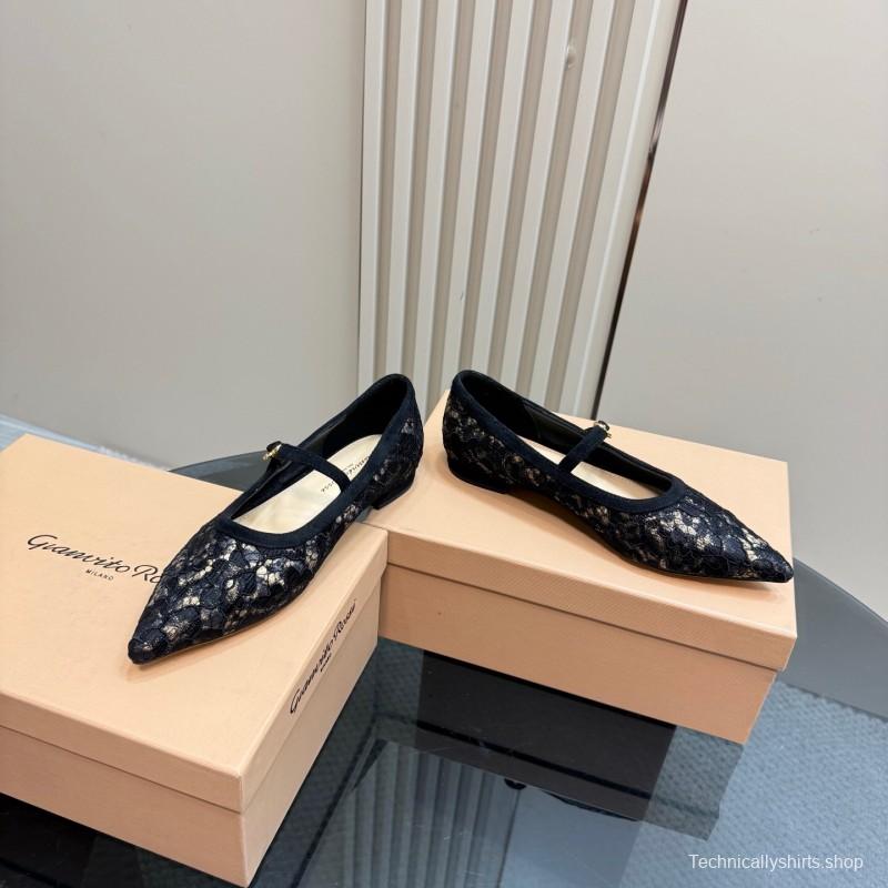 2025 Women Gianvito Rossi Black Lace Leather Mary Jane KFY00260