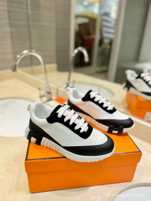 2024 Unisex Hermès Black White Silk Leather Mesh Sneakers MJ00320