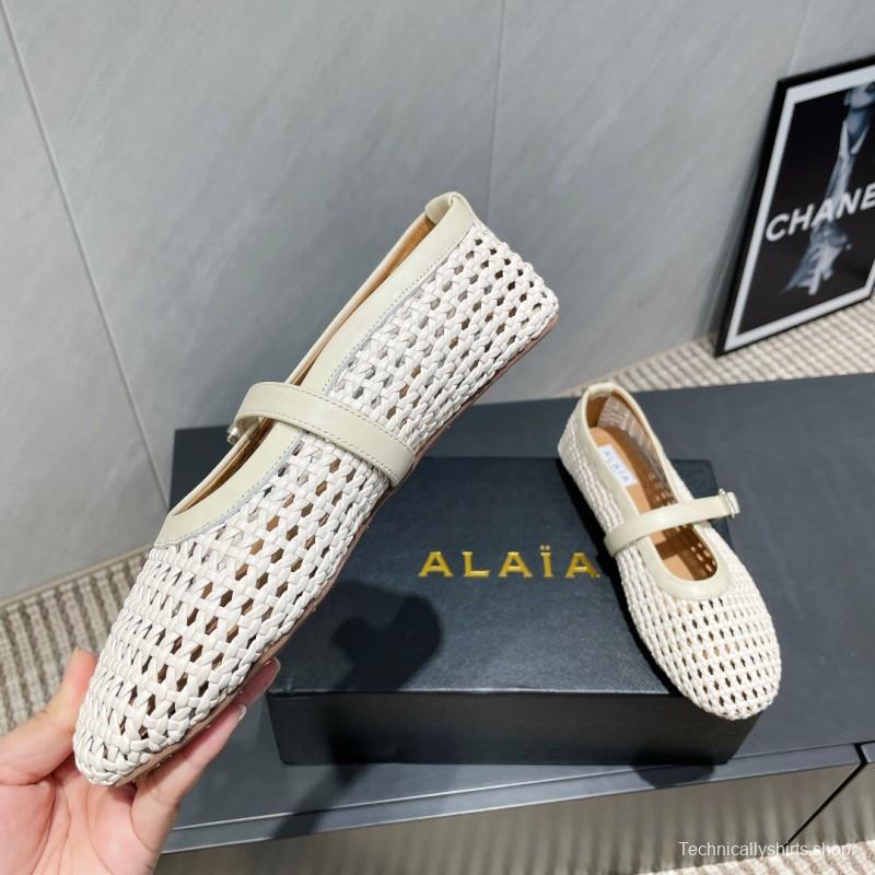 2025 Women Alaïa White Leather Woven Mary Jane Flat Shoes LY00360(F)