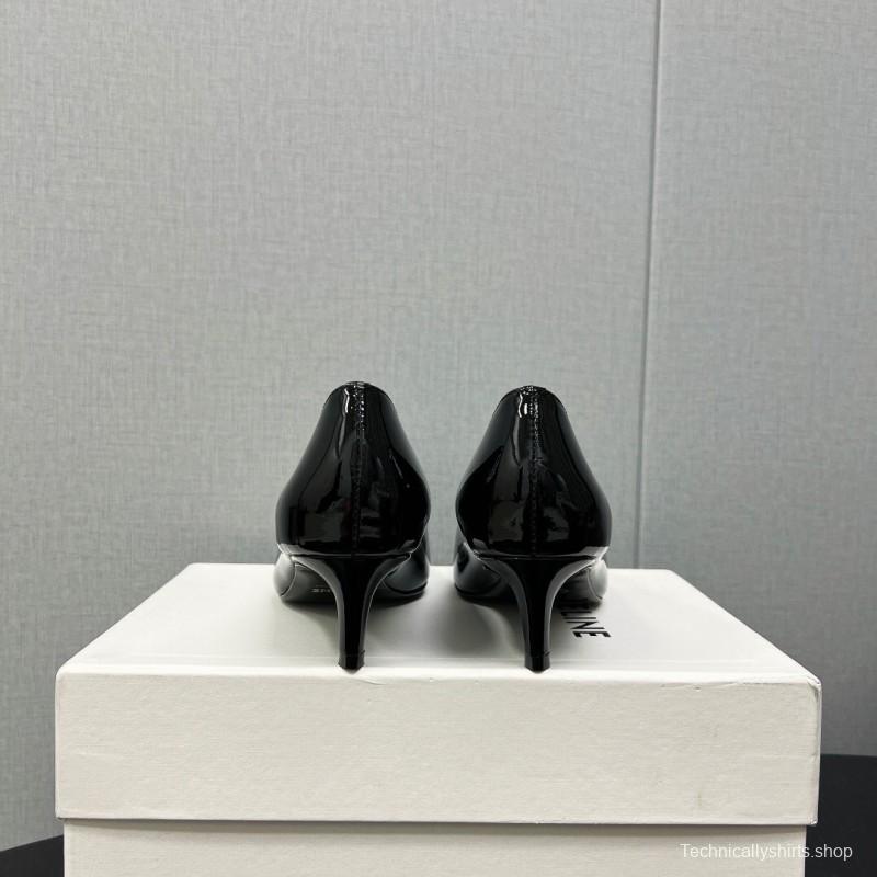 2025 Women Celine Black Patent Leather Pointed Toe Buckle Pumps KFY00290
