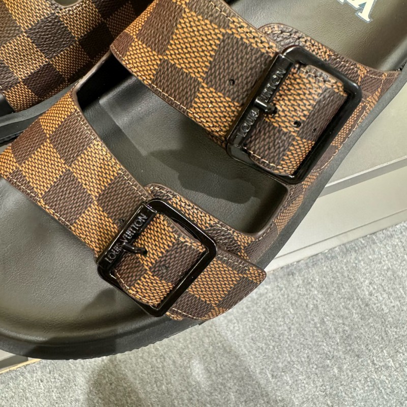 2024 Slippers Louis Vuitton Brown Black Leather Checkered Buckle MJ00210