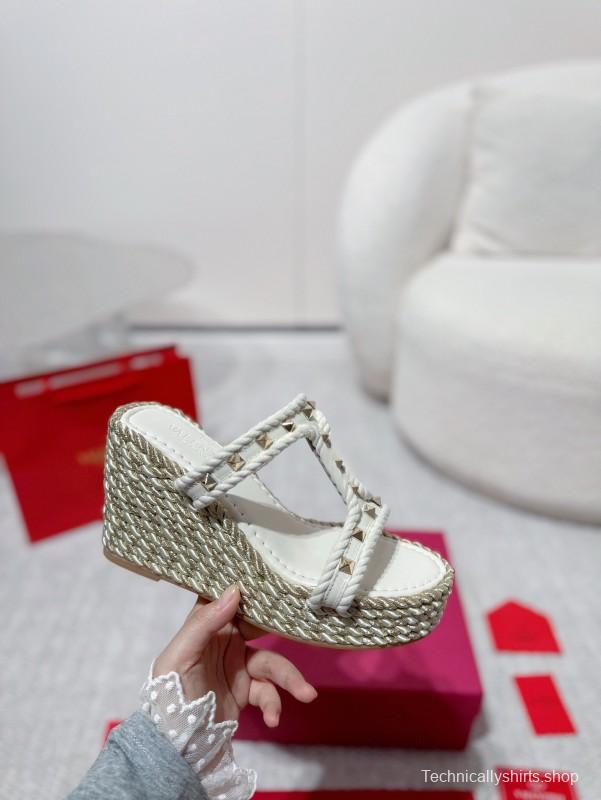 2025 Women Valentino White Leather Wedge Sandals Studs LY00290