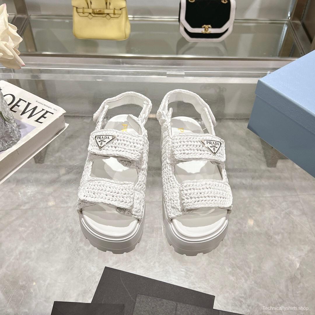 2025 Women Prada White Knitted Platform Sandals