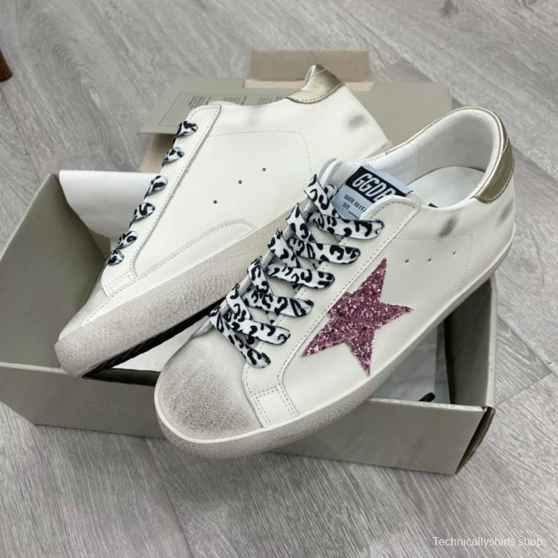 2025 Women GGDB White Pink Leather Sneakers Glitter Star
