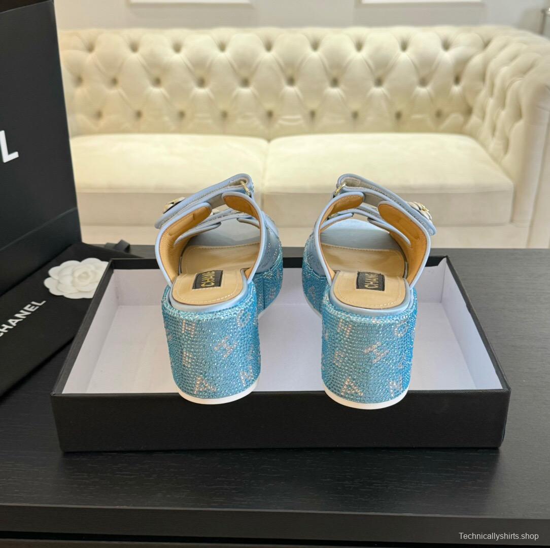 2025 Women Chanel Blue Denim Leather Platform Slippers LY00330