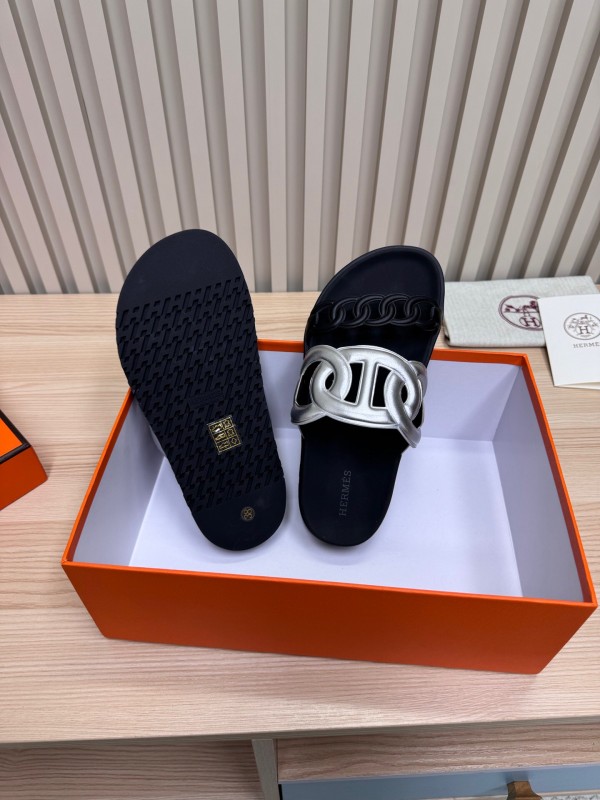 2025 Slippers Hermès Silver Black Leather Chain Decoration