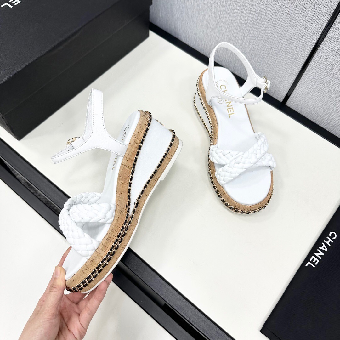 2025 Women Chanel White Leather Wedge Sandals