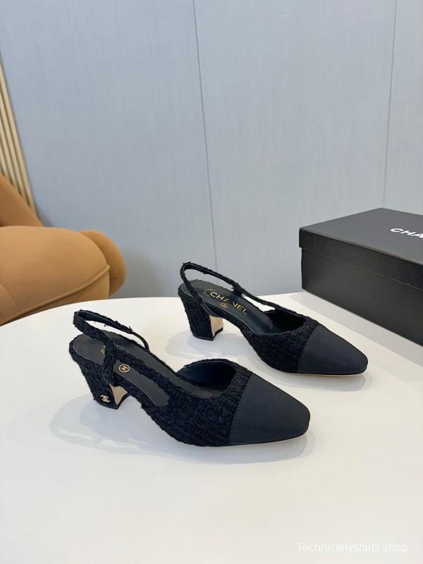 2025 Women Chanel Black Fabric Leather Slingback Heels LY00240