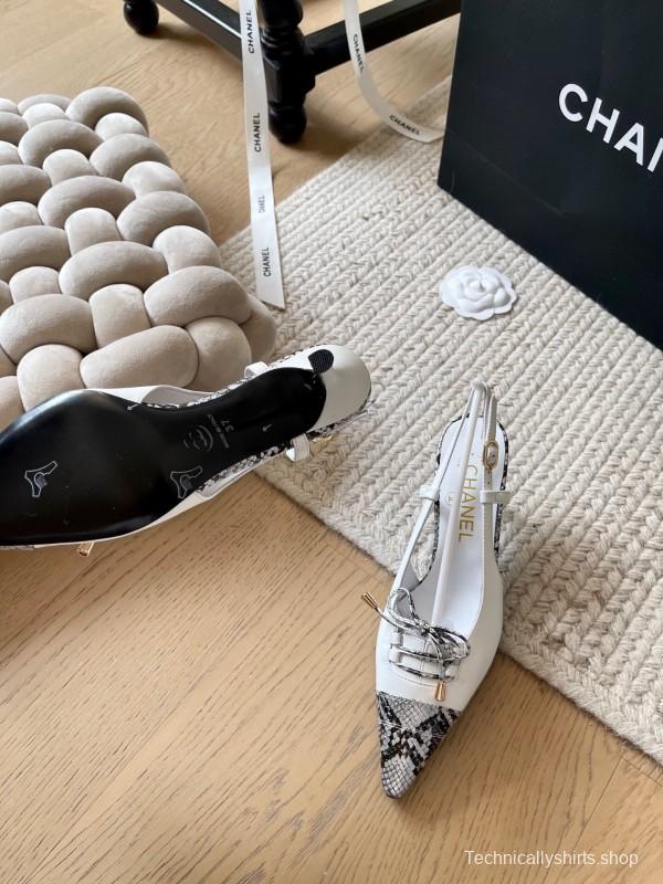 2025 Women Chanel White Black Python Leather Slingback Heels