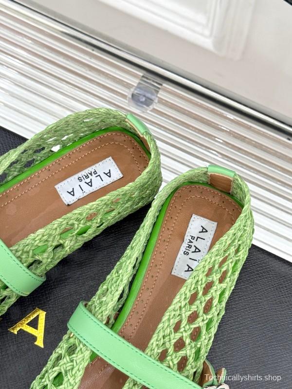 2025 Women AlAIA Green Leather Mesh Mary Jane