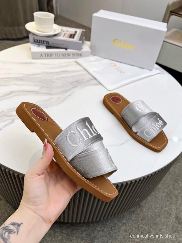 2025 Women Chloé Silver Leather Slippers LY00200