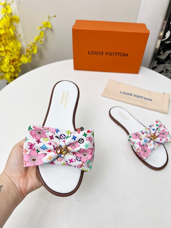 2025 Women Louis Vuitton White Pink Leather Slippers LY00190