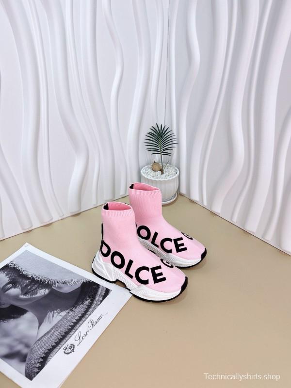 2024 Kids Dolce & Gabbana Black White Pink Knit Fabric Sneakers