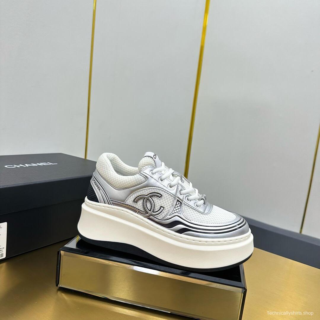 2025 Women Chanel White Silver Leather Mesh Sneakers