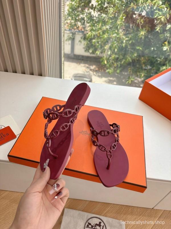 2025 Women Hermès Burgundy Leather Chain Strap Sandals G059 (F)