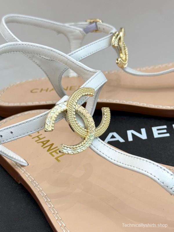2025 Women Chanel White Leather Sandals KFY00290