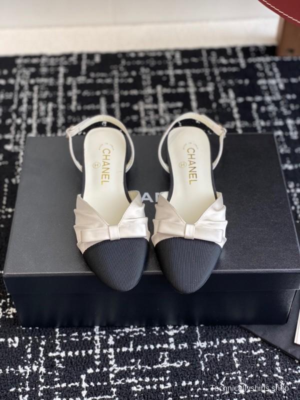 2025 Women Chanel Black Beige Silk Leather Sandals Bow KFY00289