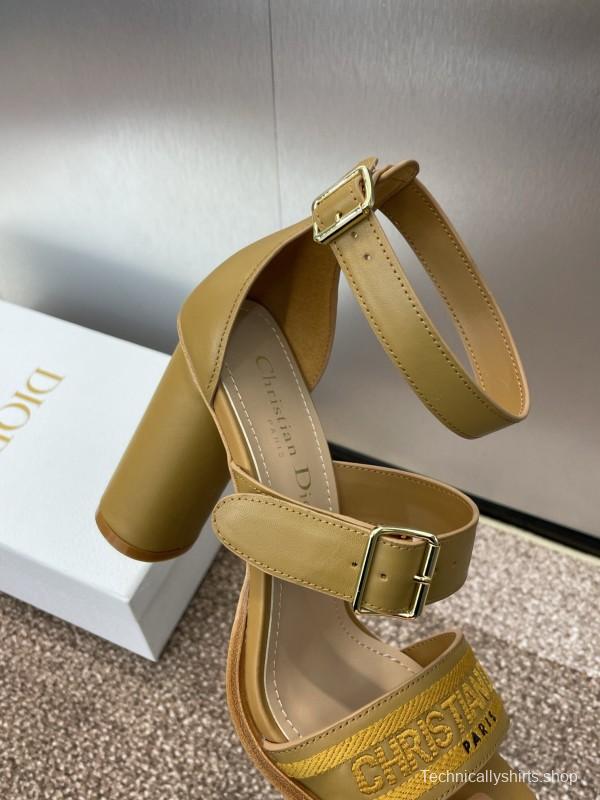 2025 Women Dior Yellow Leather Embroidered High Heel Sandals