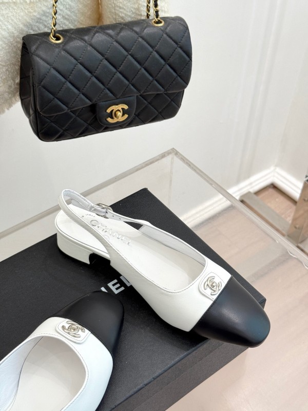 2025 Women Chanel White Black Leather Slingback Heels