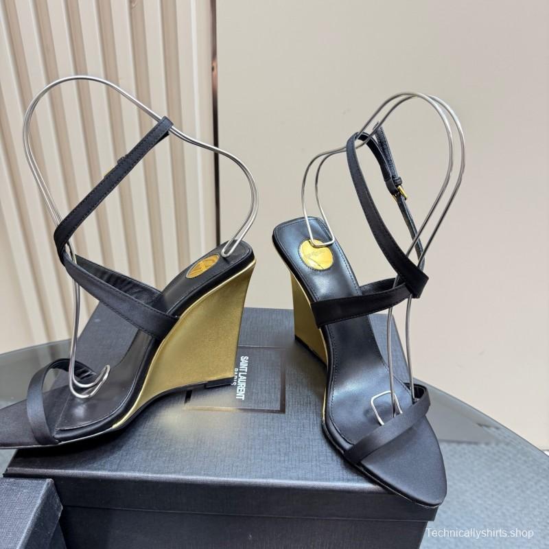 2025 Women Yves Saint Laurent Black And Gold Wedge Sandals Premium Leather Elegant Design LY00360(F)