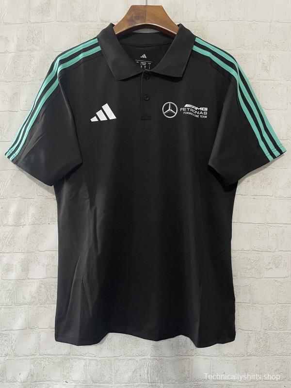 2025 F1 Mercedes-AMG Petronas Formula One Team Black with Turquoise Three Stripes Polo Shirt